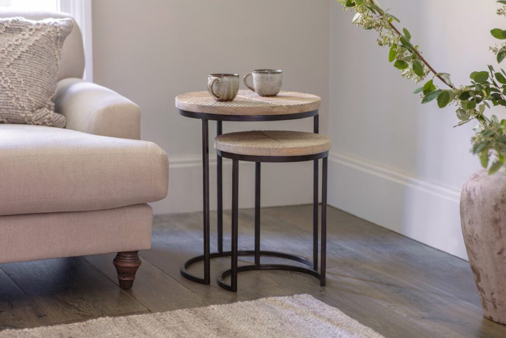 Aasha Carved Mango Wood & Iron Nesting Side Tables - Natural - (Set of 2)