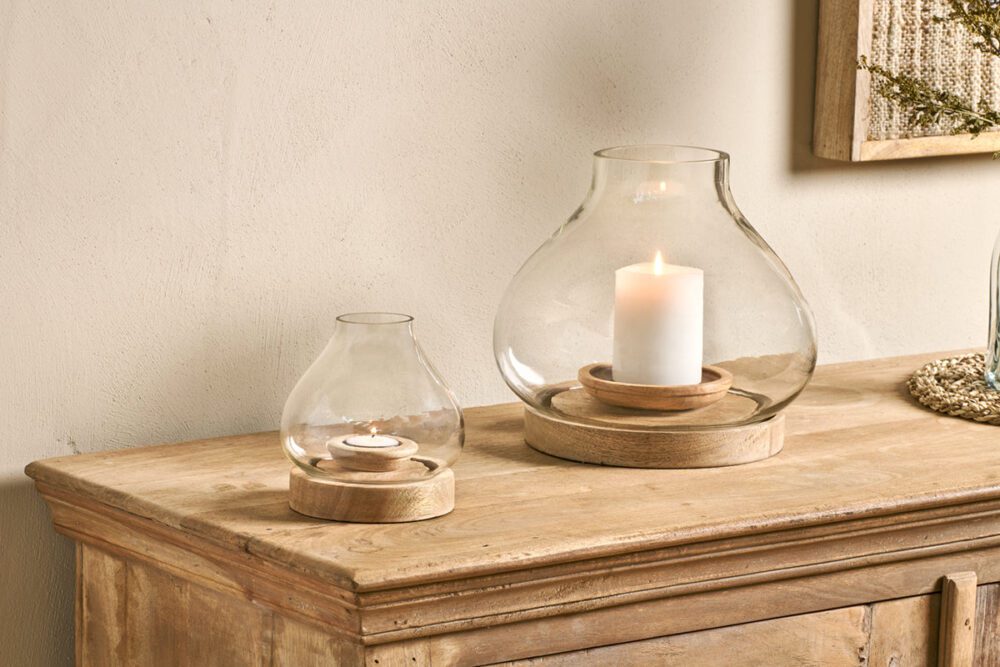 Naryla Mango Wood Lantern - Mango wood and glass Natural- Small