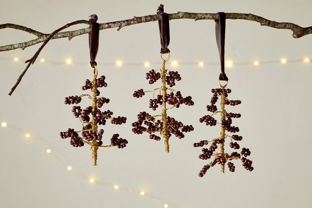 Tanu Mango Wood Beaded Baubles - Brass & Ruby (Set of 3)