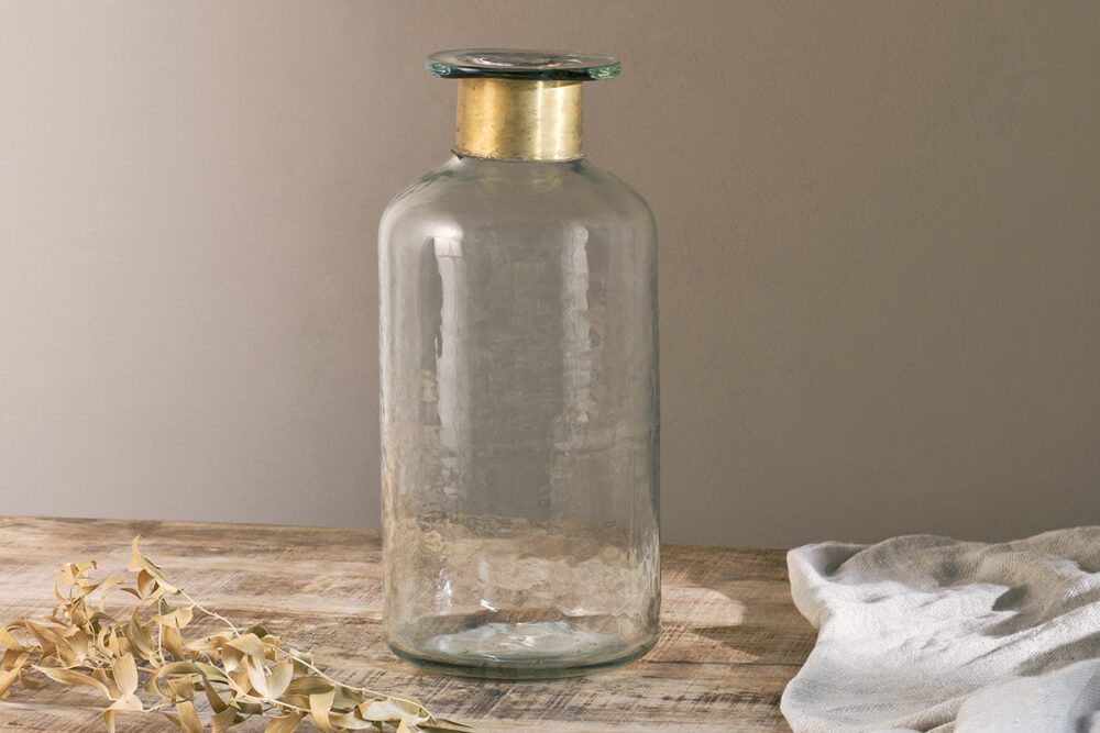 Chara Hammered Bottle - Clear Glass & Antique Brass - Large 39 x 17cm (dia)