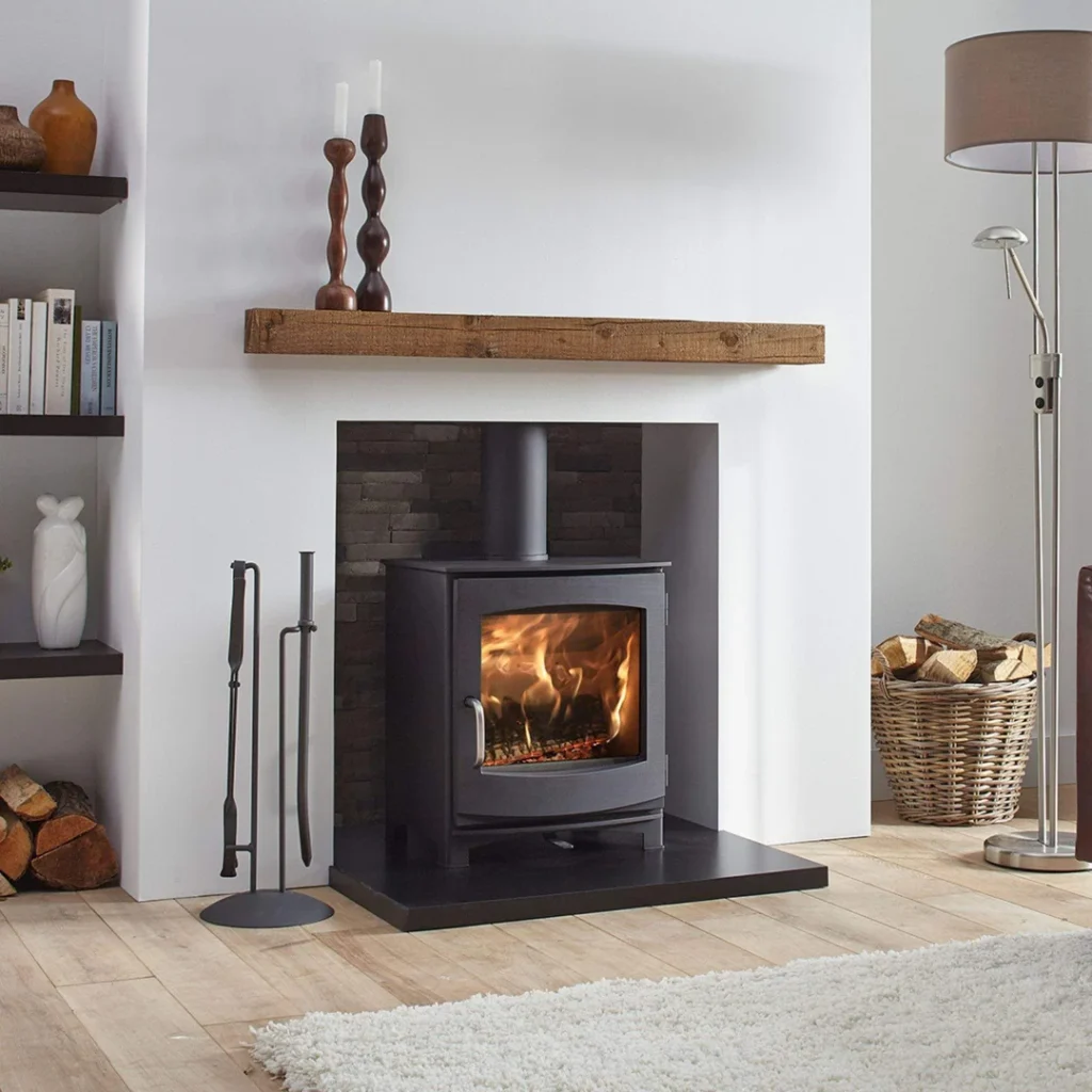 A dik geurts stove installed in a modern living room